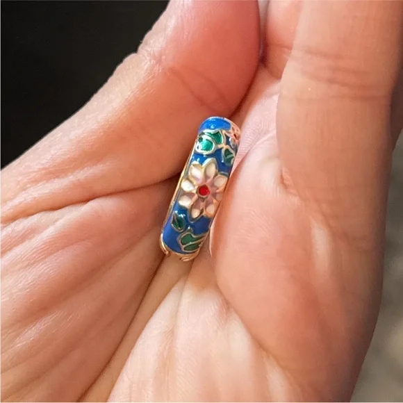 Colorful Festival Floral Blue and Gold Hoop Earrings - Picture 3 of 12